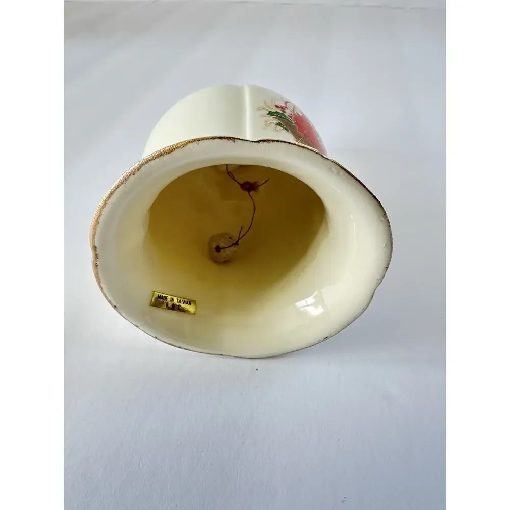 Vintage Christmas Ceramic Hand Bell Poinsettia Basket Gold Trim Taiwan ROC